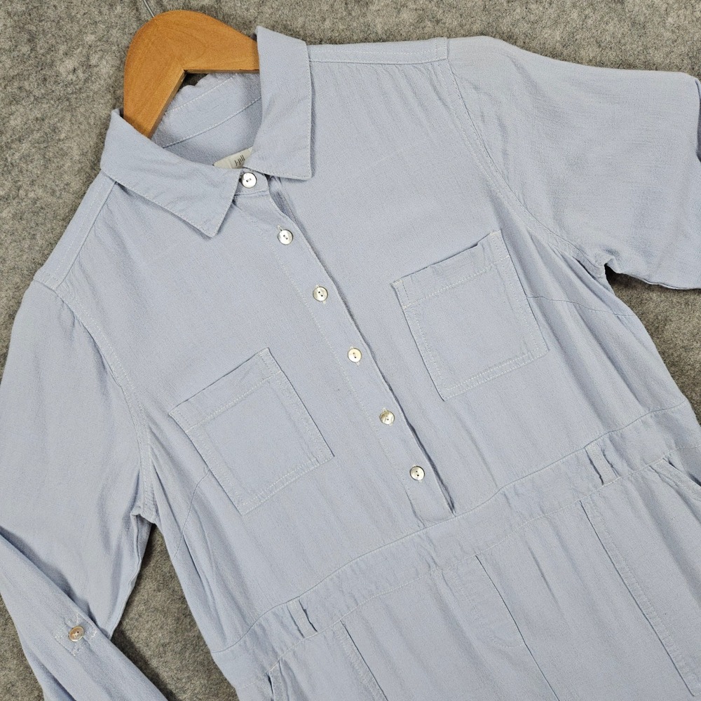J Jill Blue Linen Blend Shirt Dress Button Front Roll Tab Sleeves Size XS FLAW